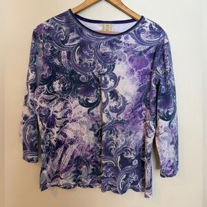 Jess & Jane Floral Scroll PrintRhinestone Purple Dream Top Size 1X Made in USA